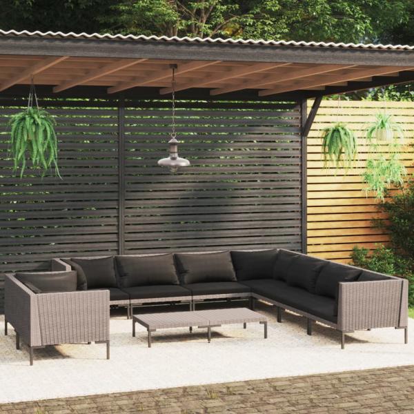 ARDEBO.de - 10-tlg. Garten-Lounge-Set mit Kissen Poly Rattan Dunkelgrau