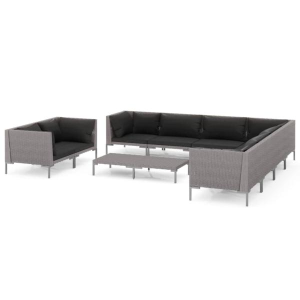10-tlg. Garten-Lounge-Set mit Kissen Poly Rattan Dunkelgrau