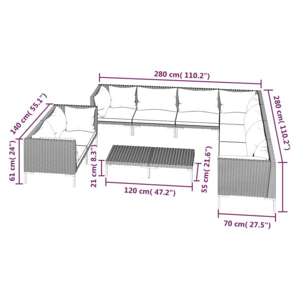 10-tlg. Garten-Lounge-Set mit Kissen Poly Rattan Dunkelgrau