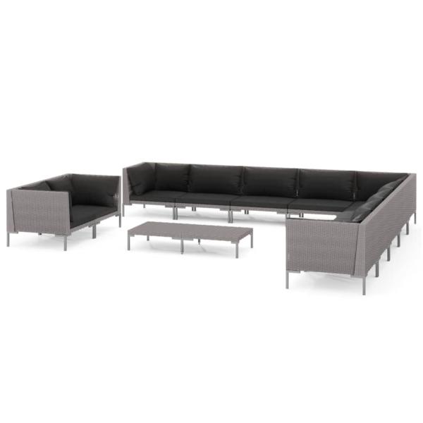 12-tlg. Garten-Lounge-Set mit Kissen Poly Rattan Dunkelgrau