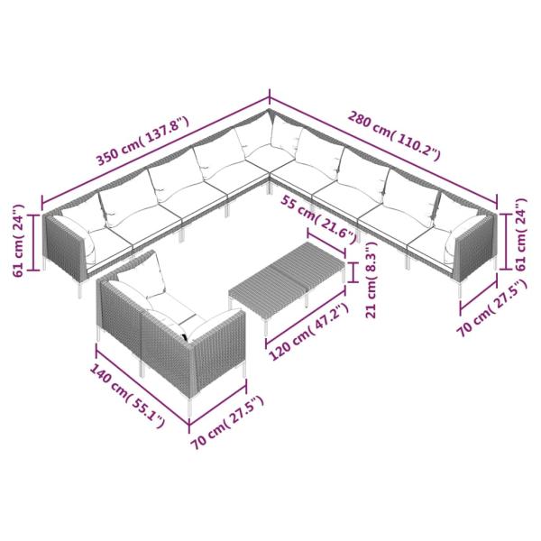 12-tlg. Garten-Lounge-Set mit Kissen Poly Rattan Dunkelgrau