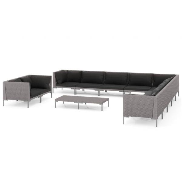 12-tlg. Garten-Lounge-Set mit Kissen Poly Rattan Dunkelgrau