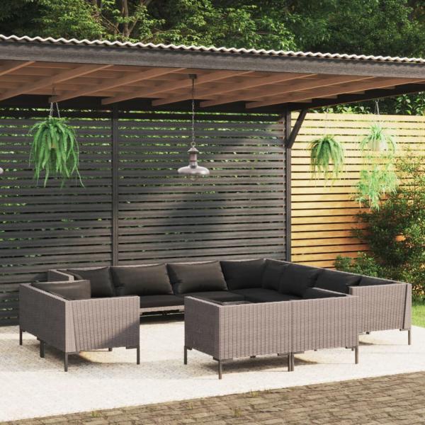 ARDEBO.de - 11-tlg. Garten-Lounge-Set mit Kissen Poly Rattan Dunkelgrau