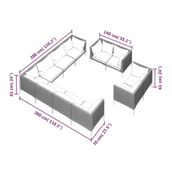 11-tlg. Garten-Lounge-Set mit Kissen Poly Rattan Dunkelgrau