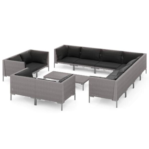 12-tlg. Garten-Lounge-Set mit Kissen Poly Rattan Dunkelgrau