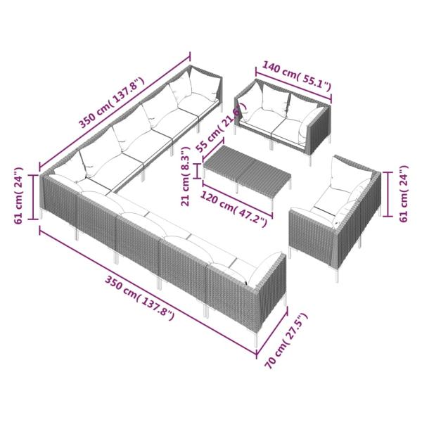 14-tlg. Garten-Lounge-Set mit Kissen Poly Rattan Dunkelgrau