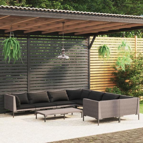 ARDEBO.de - 9-tlg. Garten-Lounge-Set mit Kissen Poly Rattan Dunkelgrau