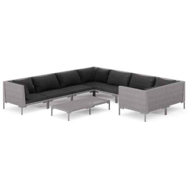 9-tlg. Garten-Lounge-Set mit Kissen Poly Rattan Dunkelgrau