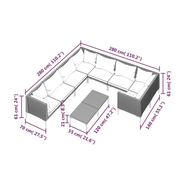 9-tlg. Garten-Lounge-Set mit Kissen Poly Rattan Dunkelgrau
