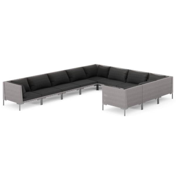 10-tlg. Garten-Lounge-Set mit Kissen Poly Rattan Dunkelgrau