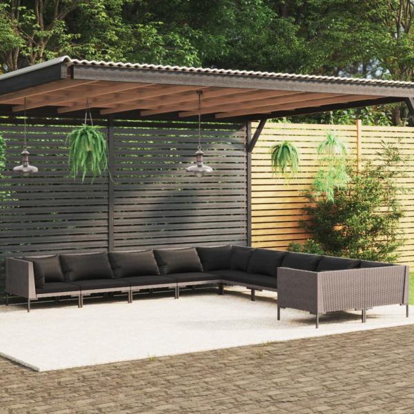 ARDEBO.de - 10-tlg. Garten-Lounge-Set mit Kissen Poly Rattan Dunkelgrau