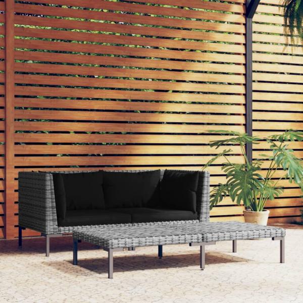 ARDEBO.de - 3-tlg. Garten-Lounge-Set Dunkelgrau Halbrundes Poly Rattan