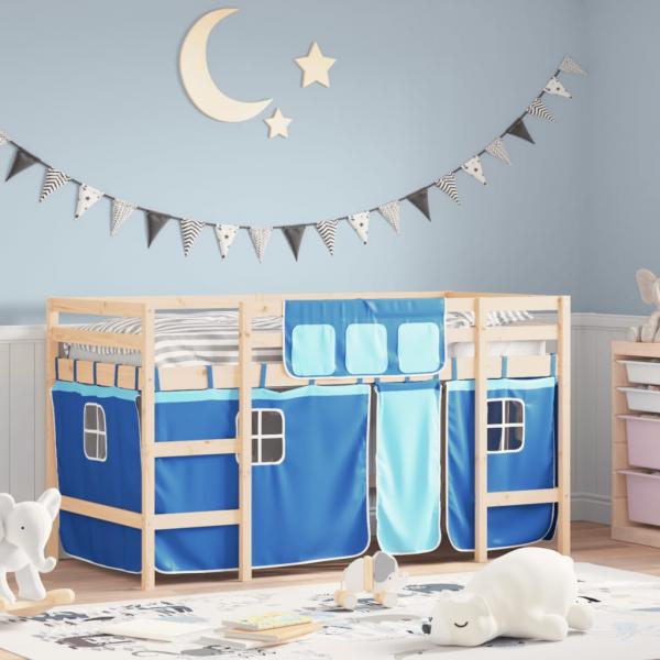 ARDEBO.de - Kinderhochbett mit Vorhängen Blau 90x190 cm Massivholz Kiefer