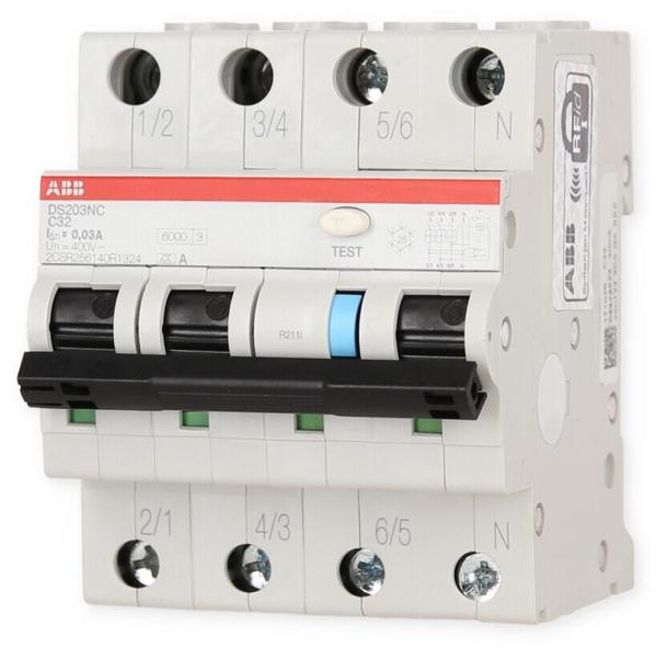 ABB DS203NCA-C32/0,03 Fehlerstrom-Leitungsschutzschalter, 4-Polig, 10kA, 32A, Typ A (2CSR256140R1324)