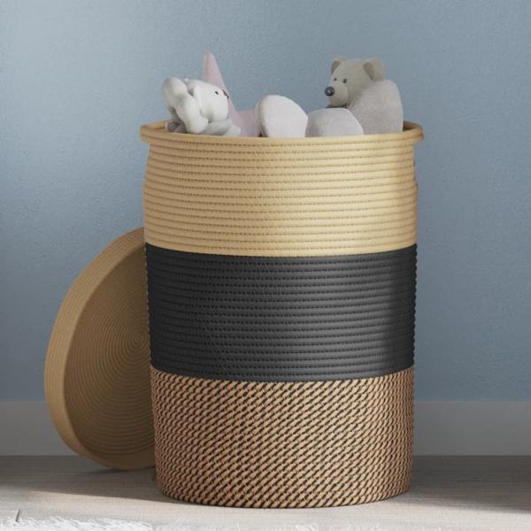 ARDEBO.de - Aufbewahrungskorb mit Deckel Schwarz & Beige Ø37x50cm Baumwolle