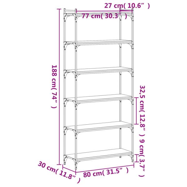 ARDEBO.de - Bücherregal 6 Böden Räuchereiche 80x30x188 cm Holzwerkstoff