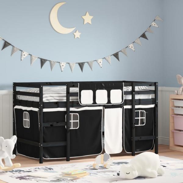 ARDEBO.de - Kinderhochbett mit Vorhängen Weiß Schwarz 90x200cm Kiefernholz