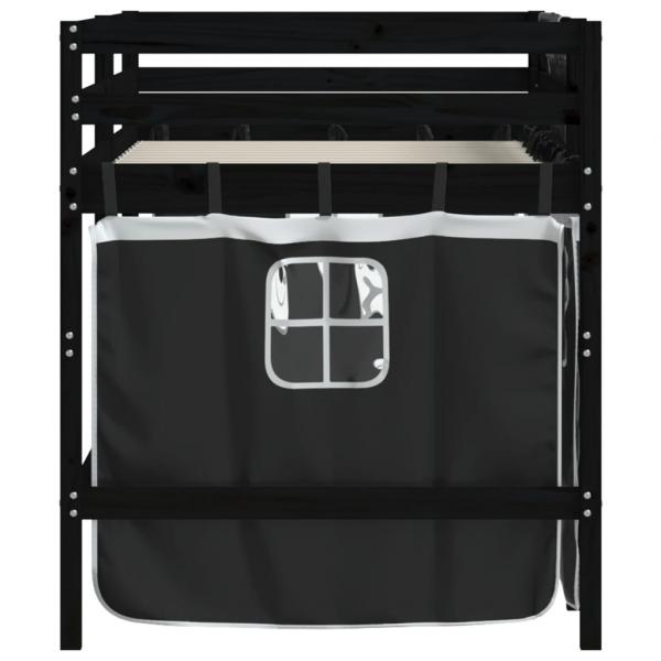 Kinderhochbett mit Vorhängen Weiß Schwarz 90x200cm Kiefernholz