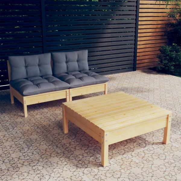 ARDEBO.de - 3-tlg. Garten-Lounge-Set mit Grauen Kissen Kiefernholz