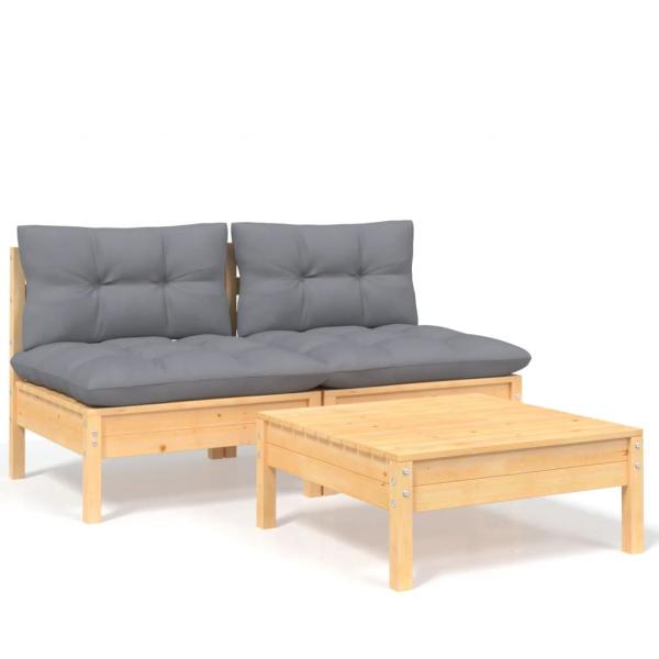 3-tlg. Garten-Lounge-Set mit Grauen Kissen Kiefernholz