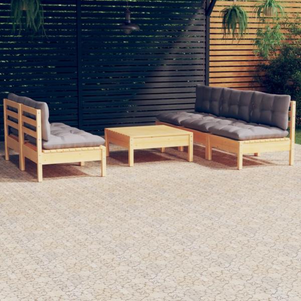 ARDEBO.de - 6-tlg. Garten-Lounge-Set mit Grauen Kissen Kiefernholz