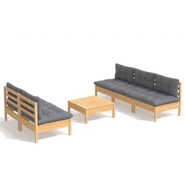 6-tlg. Garten-Lounge-Set mit Grauen Kissen Kiefernholz