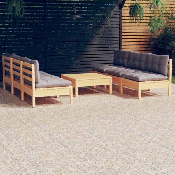 ARDEBO.de - 7-tlg. Garten-Lounge-Set mit Grauen Kissen Kiefernholz