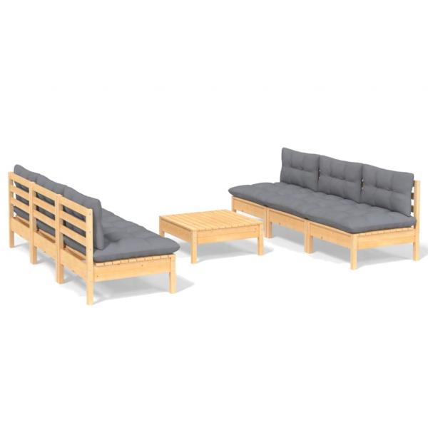 7-tlg. Garten-Lounge-Set mit Grauen Kissen Kiefernholz