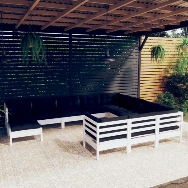 ARDEBO.de - 11-tlg. Garten-Lounge-Set mit Kissen Weiß Kiefernholz
