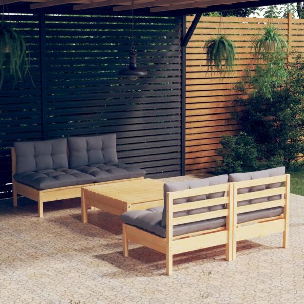 ARDEBO.de - 5-tlg. Garten-Lounge-Set mit Grauen Kissen Kiefernholz