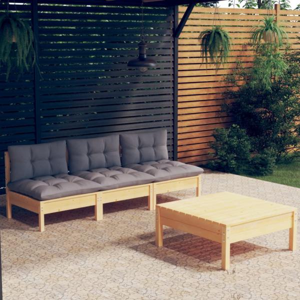 ARDEBO.de - 4-tlg. Garten-Lounge-Set mit Grauen Kissen Kiefernholz