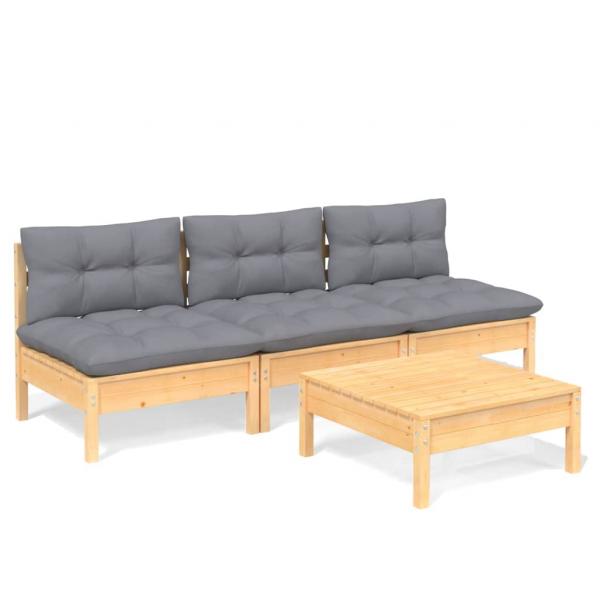 4-tlg. Garten-Lounge-Set mit Grauen Kissen Kiefernholz