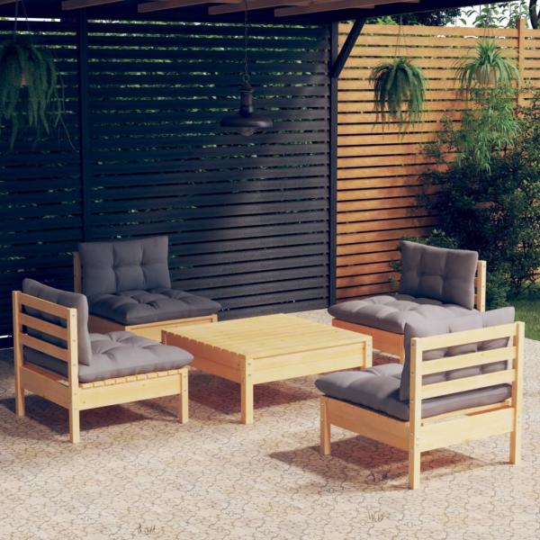 ARDEBO.de - 5-tlg. Garten-Lounge-Set mit Grauen Kissen Kiefernholz