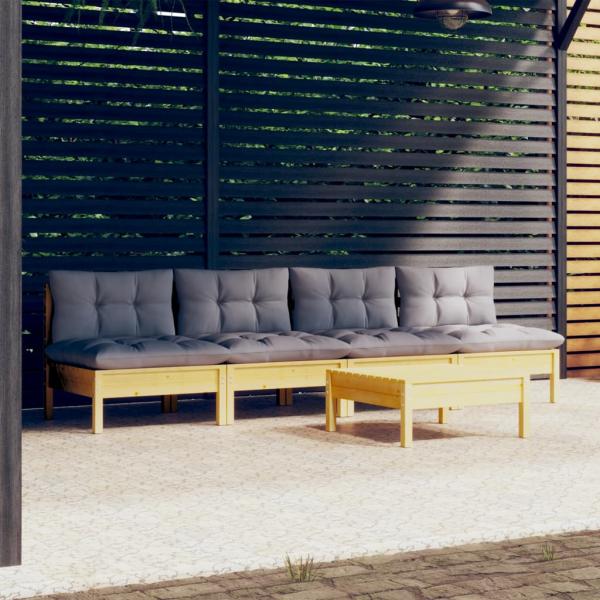 ARDEBO.de - 5-tlg. Garten-Lounge-Set mit Grauen Kissen Kiefernholz