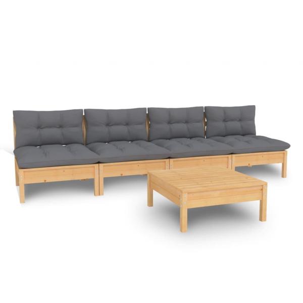 5-tlg. Garten-Lounge-Set mit Grauen Kissen Kiefernholz
