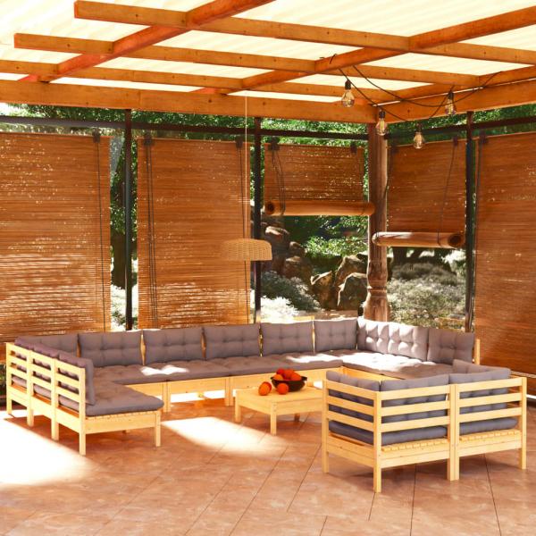 ARDEBO.de - 13-tlg. Garten-Lounge-Set mit Grauen Kissen Kiefernholz