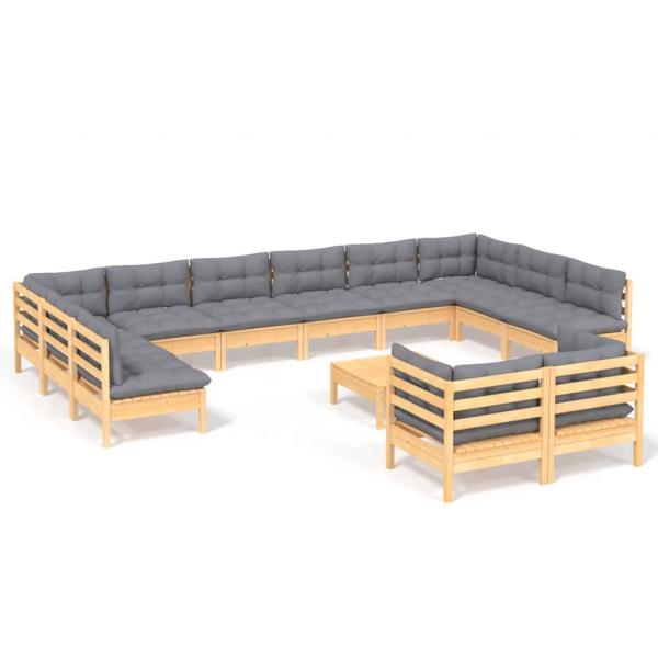 13-tlg. Garten-Lounge-Set mit Grauen Kissen Kiefernholz