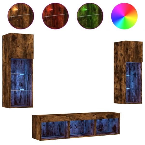 5-tlg. Wohnwand mit LED-Beleuchtung Räuchereiche Holzwerkstoff