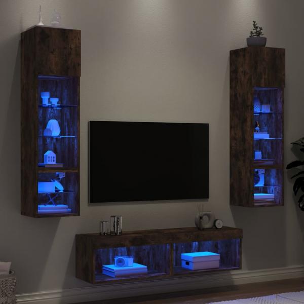 ARDEBO.de - 6-tlg. Wohnwand mit LED-Beleuchtung Räuchereiche Holzwerkstoff
