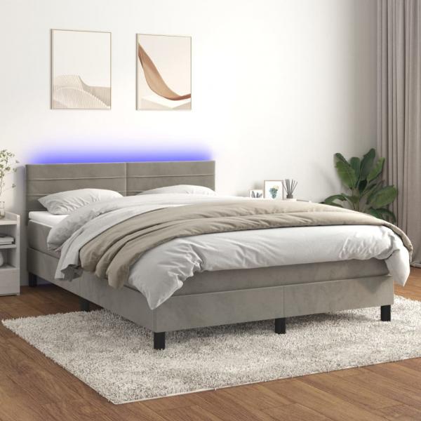ARDEBO.de - Boxspringbett mit Matratze & LED Hellgrau 140x200 cm Samt