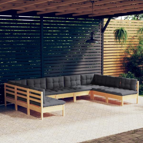 ARDEBO.de - 9-tlg. Garten-Lounge-Set mit Grauen Kissen Kiefer Massivholz