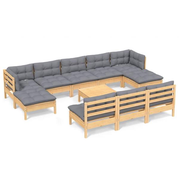 11-tlg. Garten-Lounge-Set mit Grauen Kissen Kiefernholz