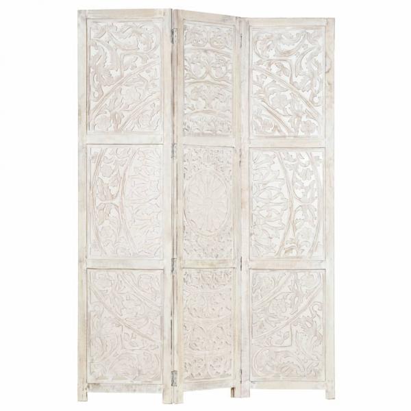 3tlg. Raumteiler Handgeschnitzt Weiß 120×165cm Mango Massivholz