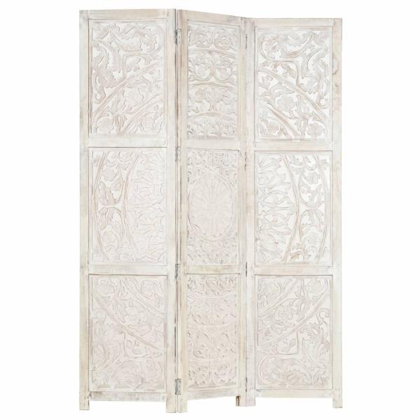 3tlg. Raumteiler Handgeschnitzt Weiß 120×165cm Mango Massivholz