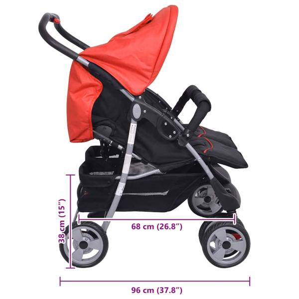 Zwillingskinderwagen Stahl Rot und Schwarz