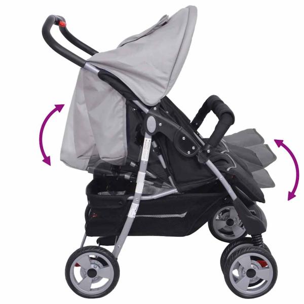 Zwillingskinderwagen Stahl Grau und Schwarz