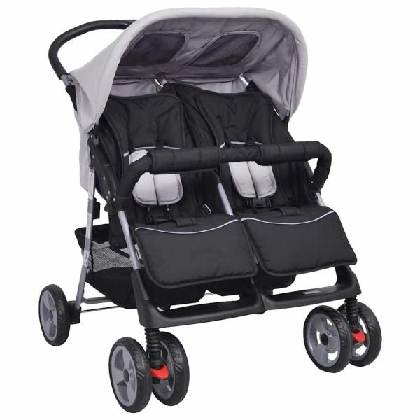 Zwillingskinderwagen Stahl Grau und Schwarz