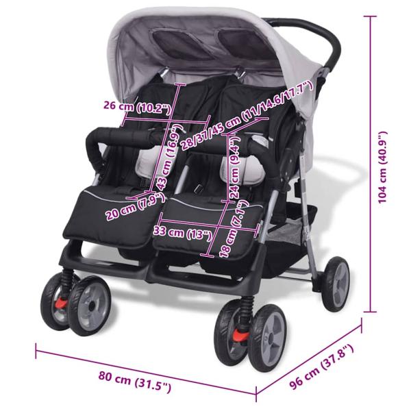 Zwillingskinderwagen Stahl Grau und Schwarz