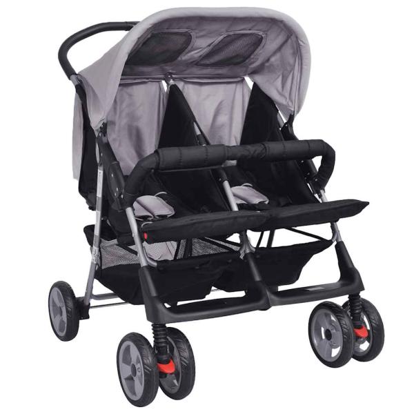 Zwillingskinderwagen Stahl Grau und Schwarz