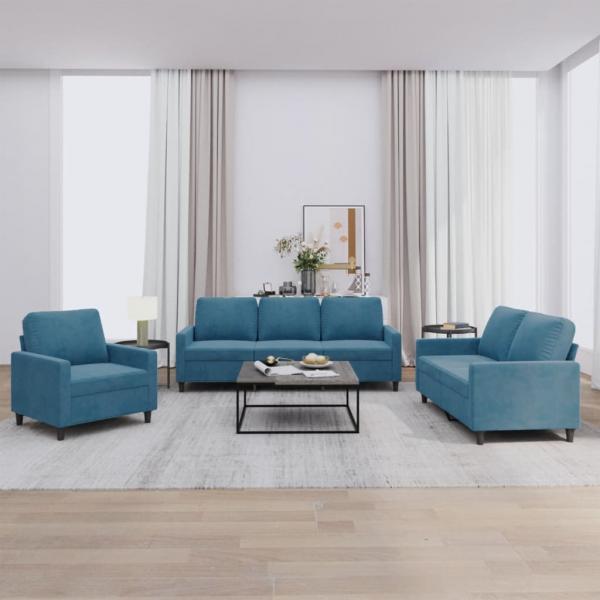 ARDEBO.de - 3-tlg. Sofagarnitur mit Kissen Blau Samt